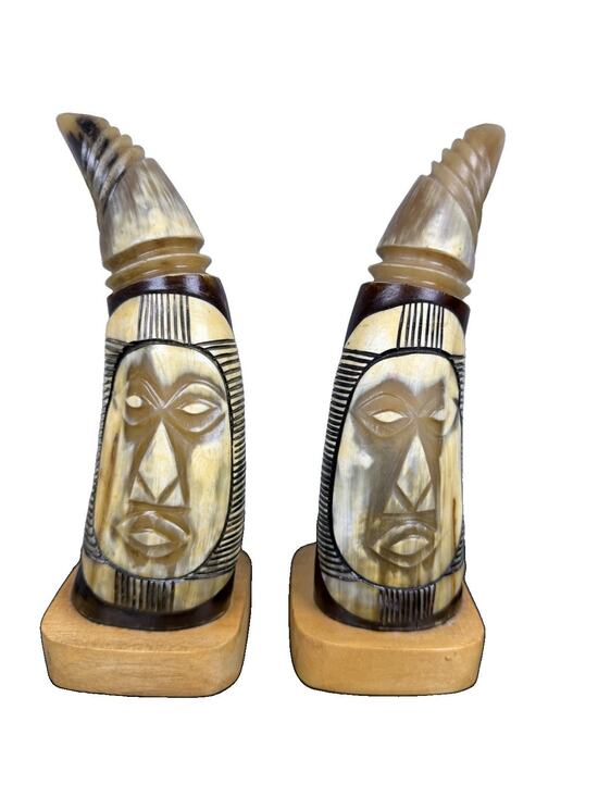 Other - Vintage Carved Cattle Horn Mask Sculptures Pair Folk Art Boho